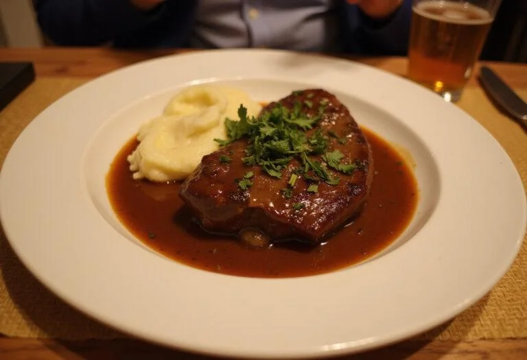 Deliciously presented The Simpsons Duff Beer-Braised non-alcoholic Short Ribs, showcasing the perfect finish of this savory dish.