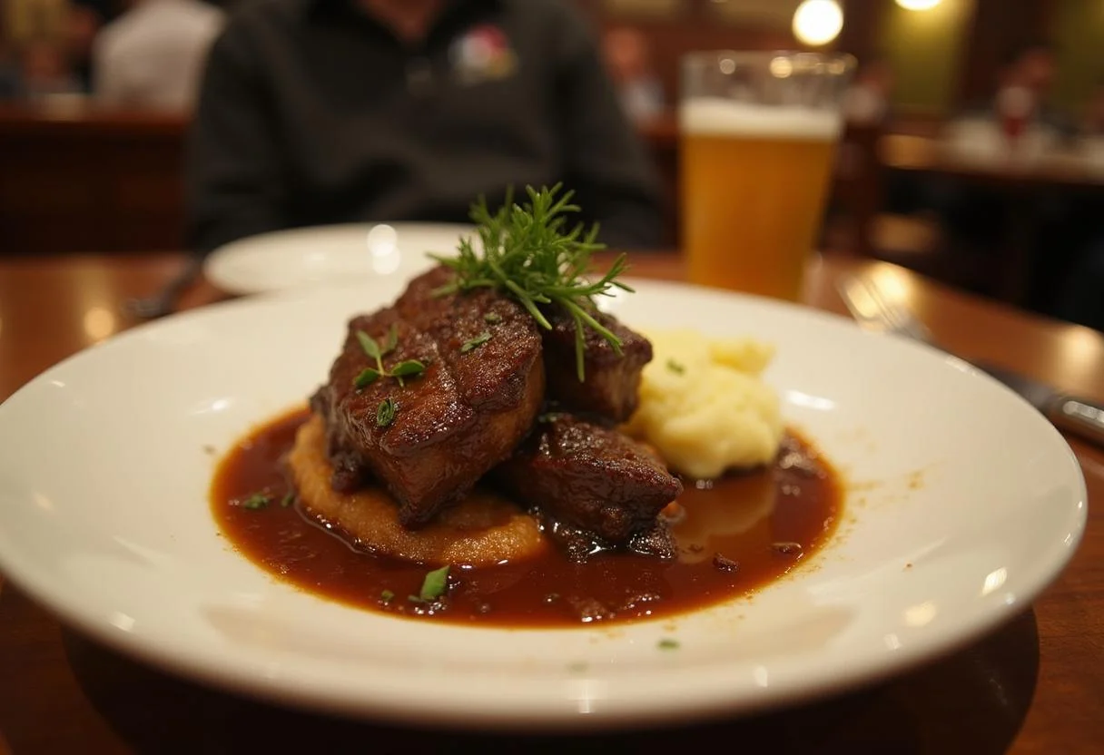 Deliciously presented The Simpsons Duff Beer-Braised non-alcoholic Short Ribs, showcasing the perfect finish of this savory dish.