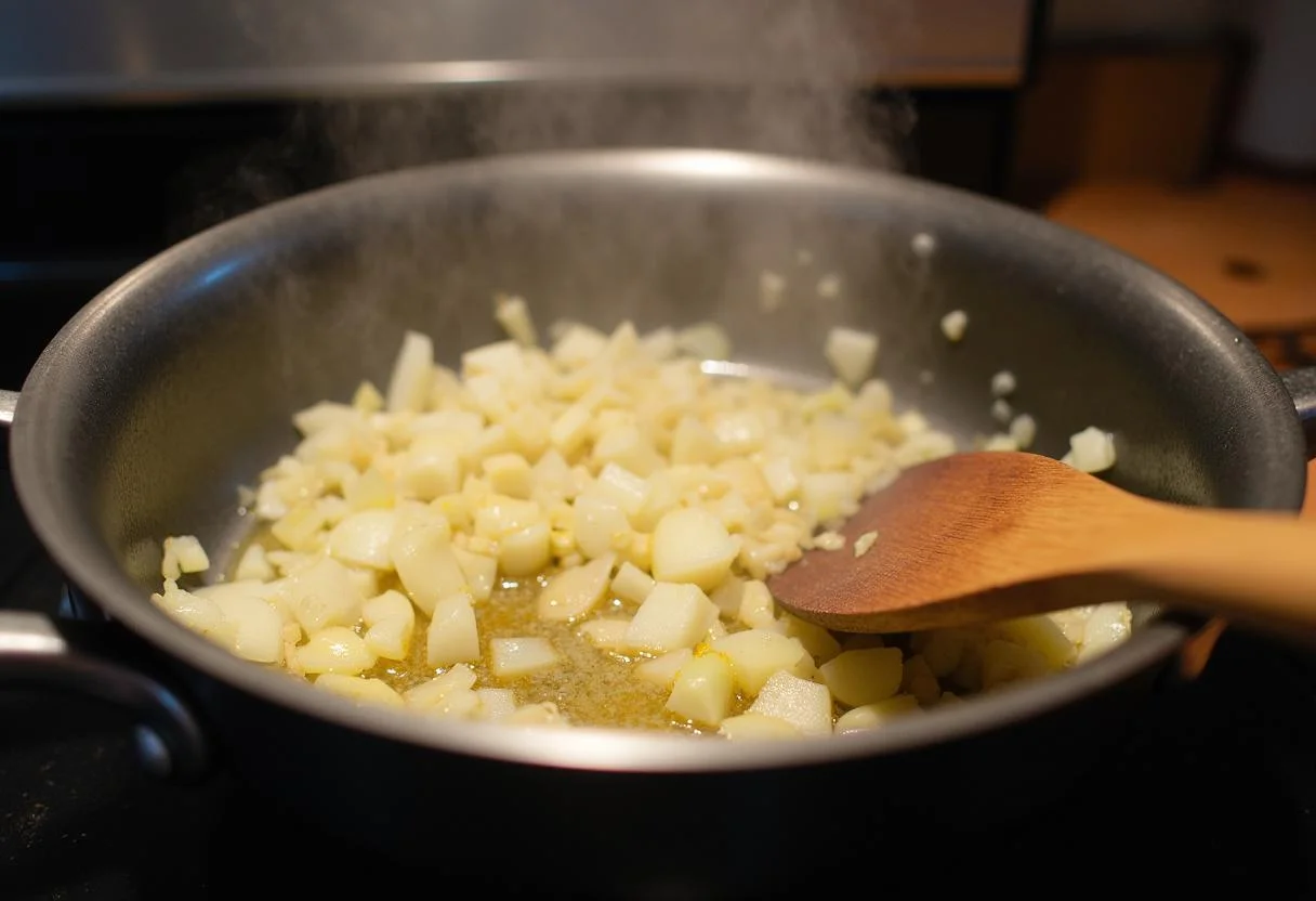 Sautéing onions and garlic for The Simpsons Duff Beer-Braised non-alcoholic Short Ribs, creating a flavorful base for the dish.