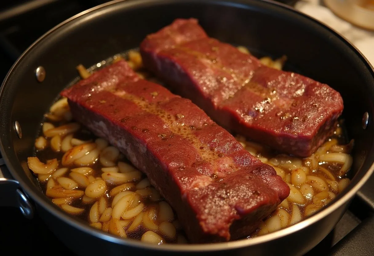 Browning short ribs for The Simpsons Duff Beer-Braised non-alcoholic Short Ribs, enhancing the flavor profile of the meat.