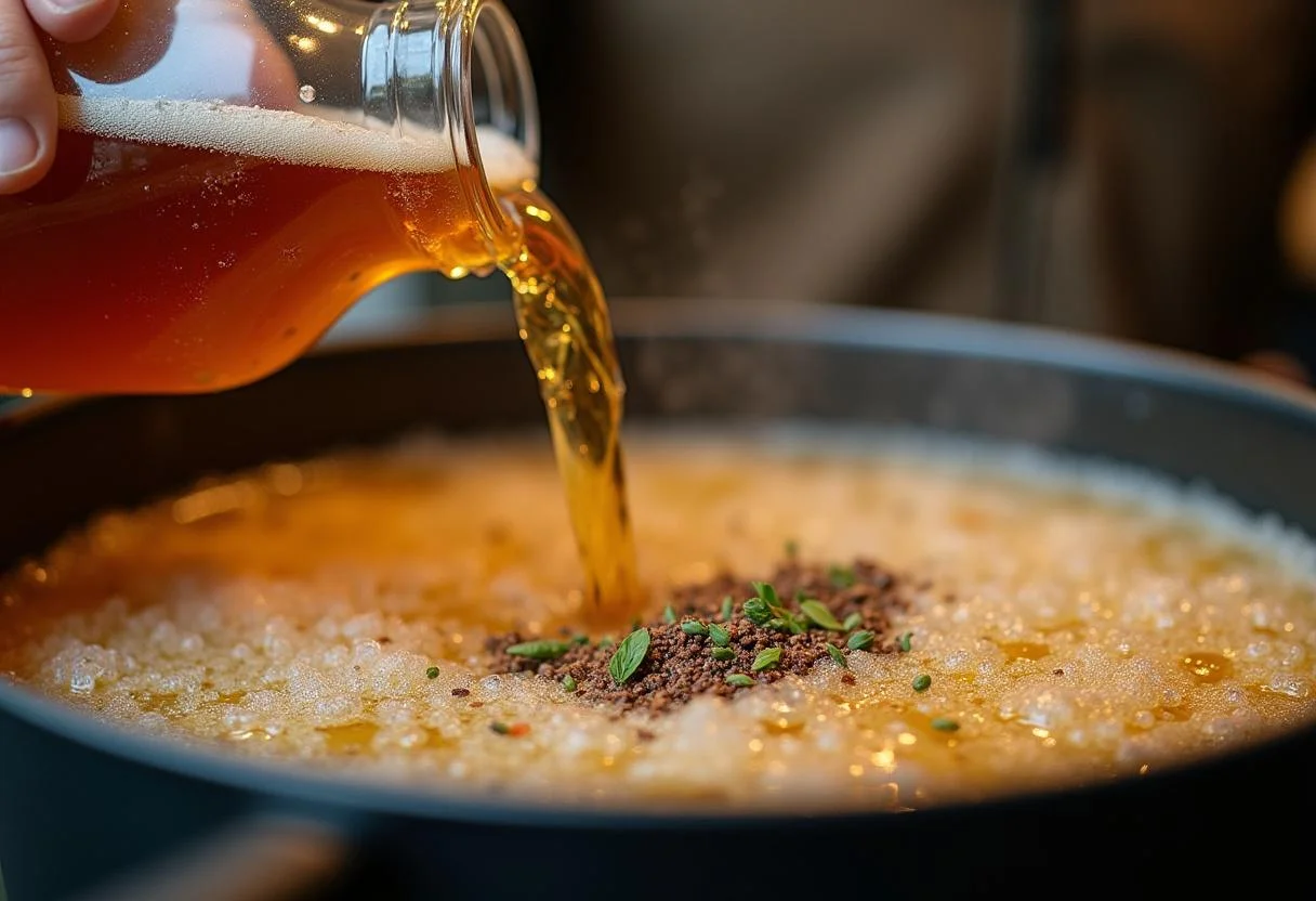 Adding Duff beer to the short ribs for The Simpsons Duff Beer-Braised non-alcoholic Short Ribs, infusing the dish with rich flavors.
