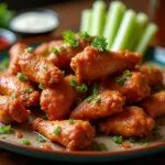 Delicious final presentation of The Simpsons Flaming Moe's Chicken Wings, served with celery sticks and dipping sauces.