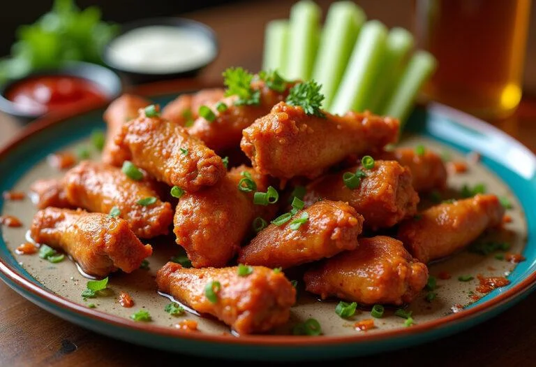 Delicious final presentation of The Simpsons Flaming Moe's Chicken Wings, served with celery sticks and dipping sauces.