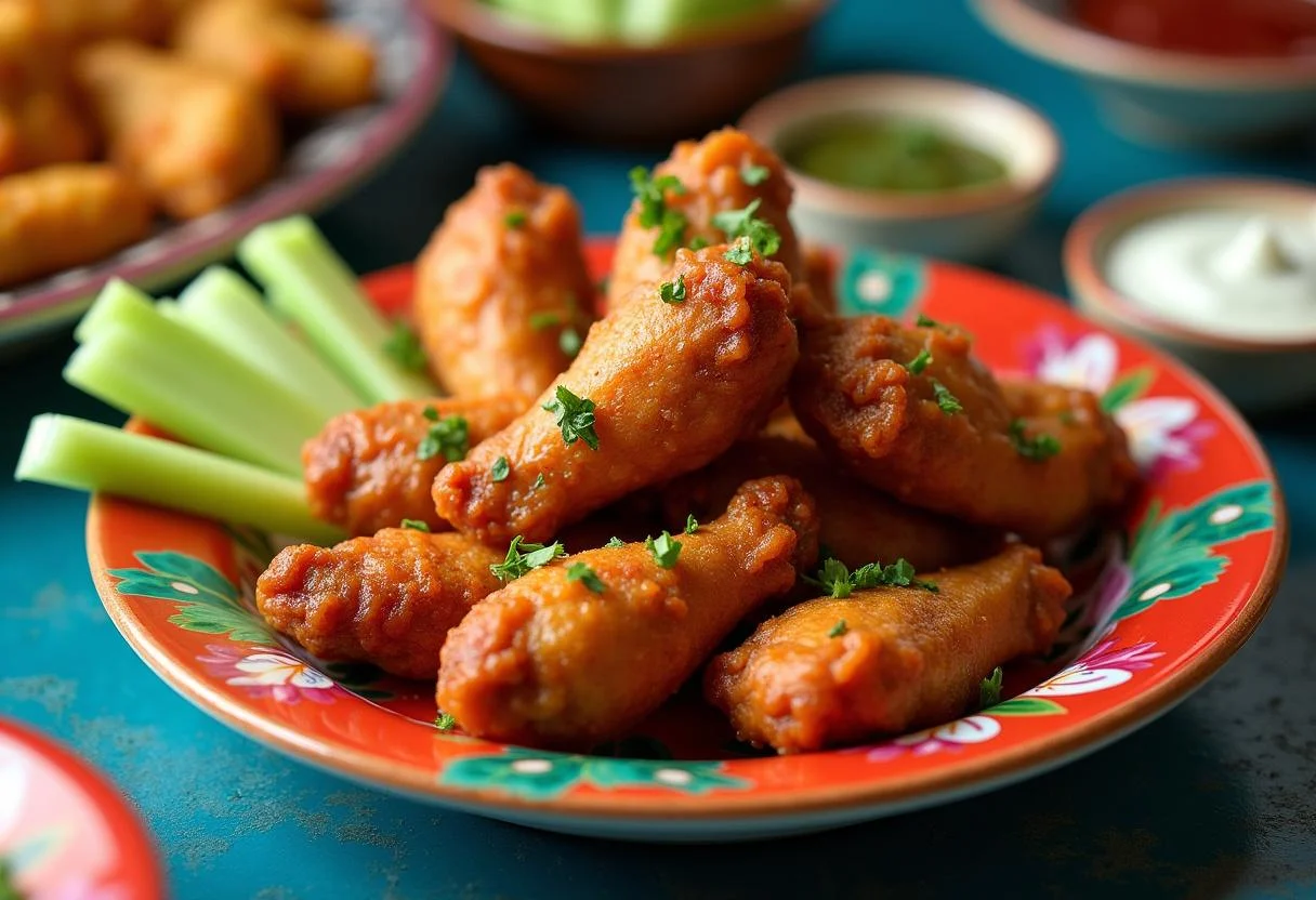 Delicious final presentation of The Simpsons Flaming Moe's Chicken Wings, served with celery sticks and dipping sauces.