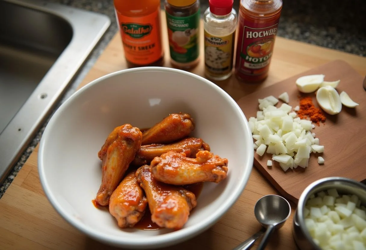 Preparing the marinate for The Simpsons Flaming Moe's Chicken Wings with hot sauce, garlic, and spices.