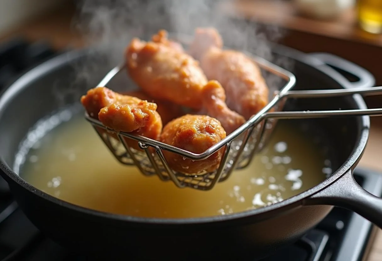Frying chicken wings for The Simpsons Flaming Moe's Chicken Wings in hot oil, creating a crispy texture.
