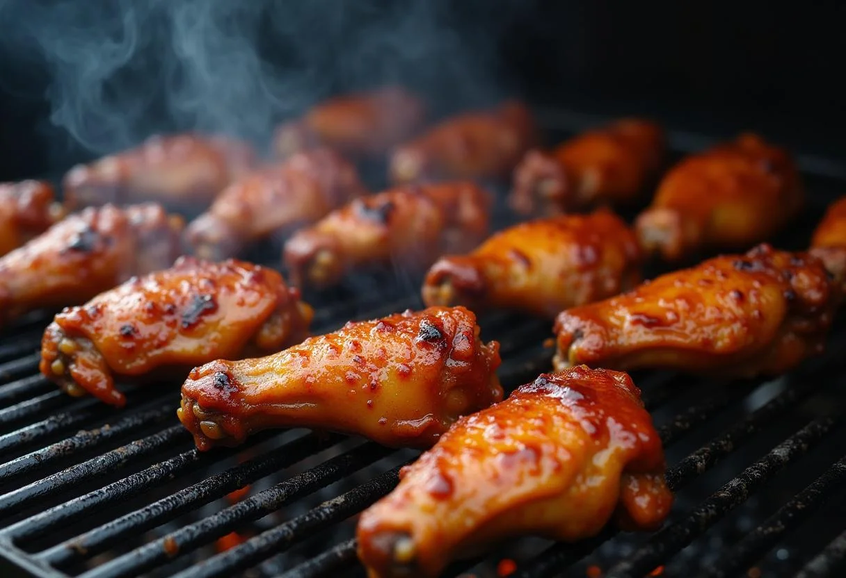 Grilling chicken wings for The Simpsons Flaming Moe's Chicken Wings, adding a smoky flavor and perfect char.