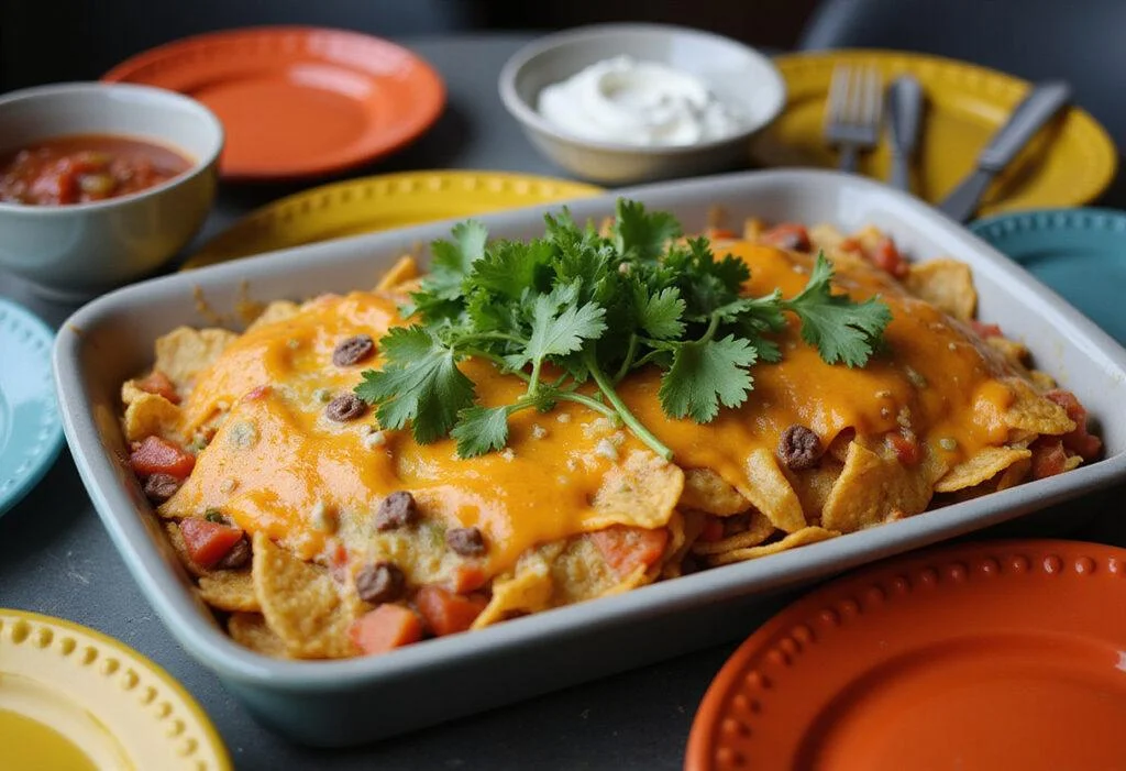 The Simpsons Homer's Favorite Nacho Casserole displayed beautifully with toppings on a dining table ready to be enjoyed.