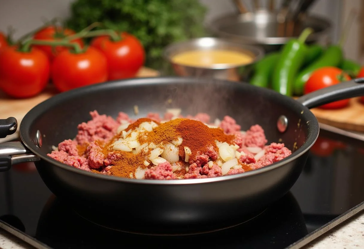 Fresh ingredients being prepared for The Simpsons Homer's Favorite Nacho Casserole with ground beef and spices in a pot.