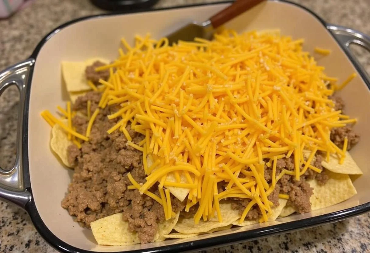 Layering ingredients for The Simpsons Homer's Favorite Nacho Casserole with chips and cheese in preparation.
