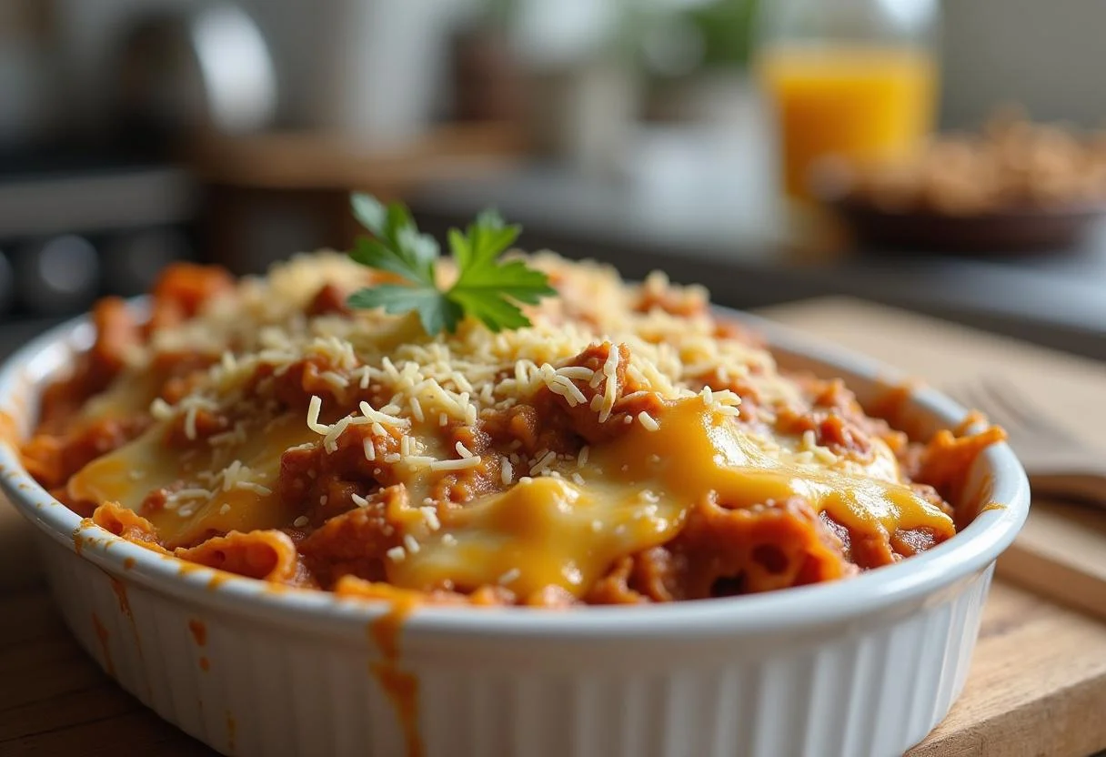 Constructing The Simpsons Homer's Favorite Nacho Casserole with layers of beef and cheese in a casserole dish.