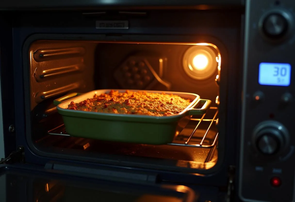 Baking The Simpsons Homer's Favorite Nacho Casserole in the oven, getting ready for a delicious finish.