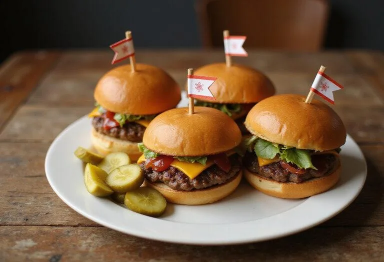 Final presentation of The Simpsons Krusty Burger Sliders plated with pickles, highlighting the appealing look of these mini burgers ready to be enjoyed.