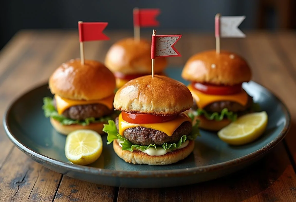 Final presentation of The Simpsons Krusty Burger Sliders plated with pickles, highlighting the appealing look of these mini burgers ready to be enjoyed.