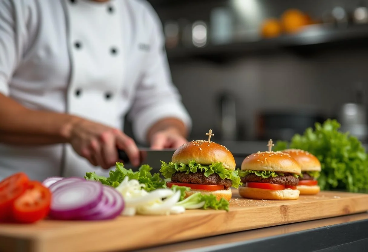 Fresh ingredients for The Simpsons Krusty Burger Sliders, including juicy tomatoes, crisp lettuce, and diced onions, showcased in a vibrant kitchen.