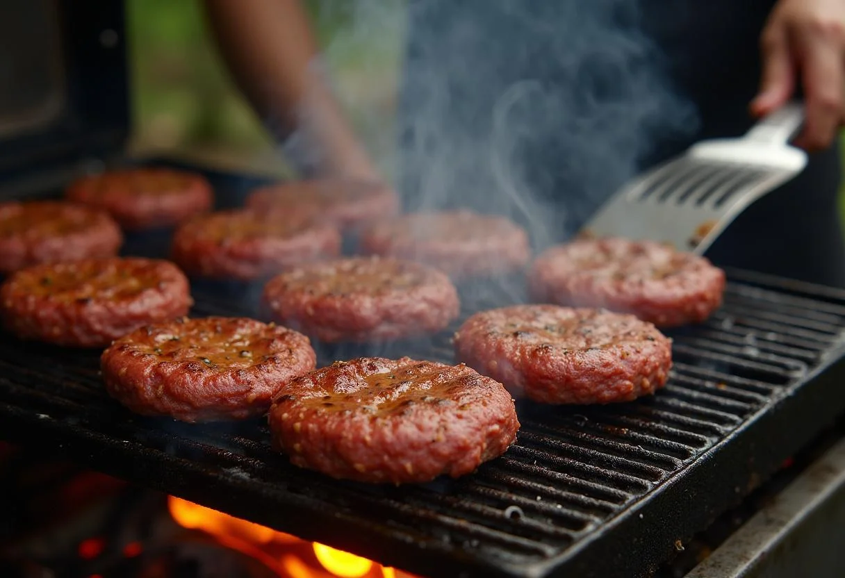 Grilling patties for The Simpsons Krusty Burger Sliders, capturing the sizzling sound and smoky aroma of cooking mini burgers on a barbecue.