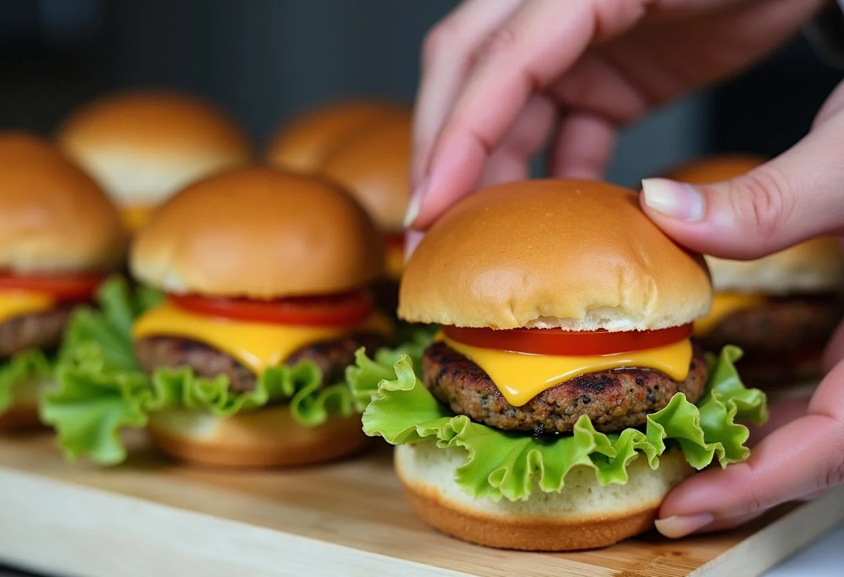 Assembling The Simpsons Krusty Burger Sliders with melted cheese and fresh toppings on soft buns, showcasing the colorful and appetizing sliders.