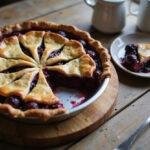 A stunning display of Marge's Blue-Haired Berry Pie on a wooden table, showcasing its delicious filling and perfect crust, inspired by The Simpsons.