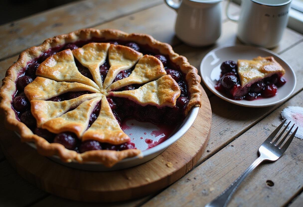 A stunning display of Marge's Blue-Haired Berry Pie on a wooden table, showcasing its delicious filling and perfect crust, inspired by The Simpsons.