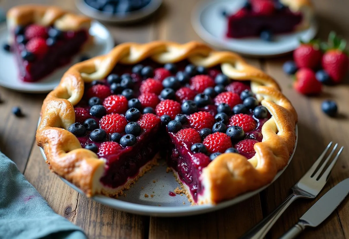 A stunning display of Marge's Blue-Haired Berry Pie on a wooden table, showcasing its delicious filling and perfect crust, inspired by The Simpsons.