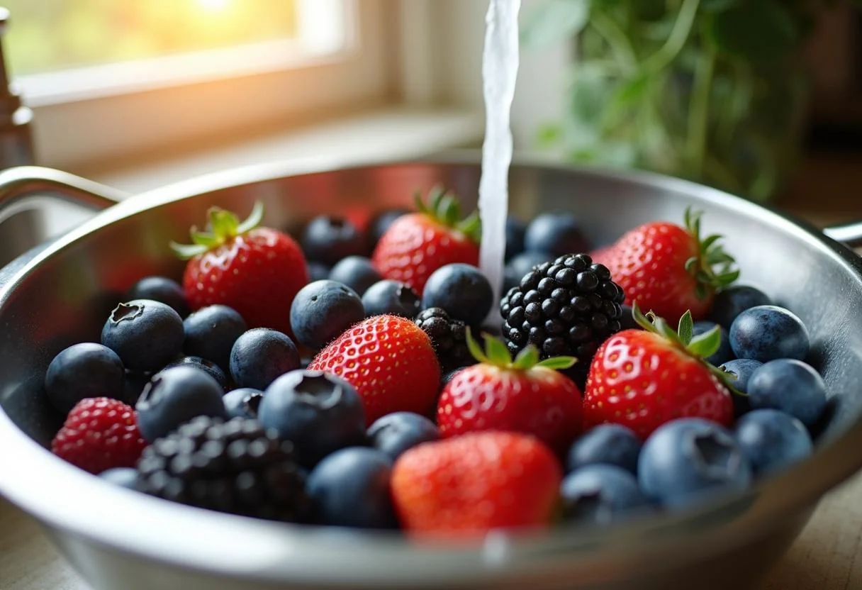 Fresh blueberries, strawberries, and blackberries being washed for Marge's Blue-Haired Berry Pie in a cozy kitchen, inspired by The Simpsons.