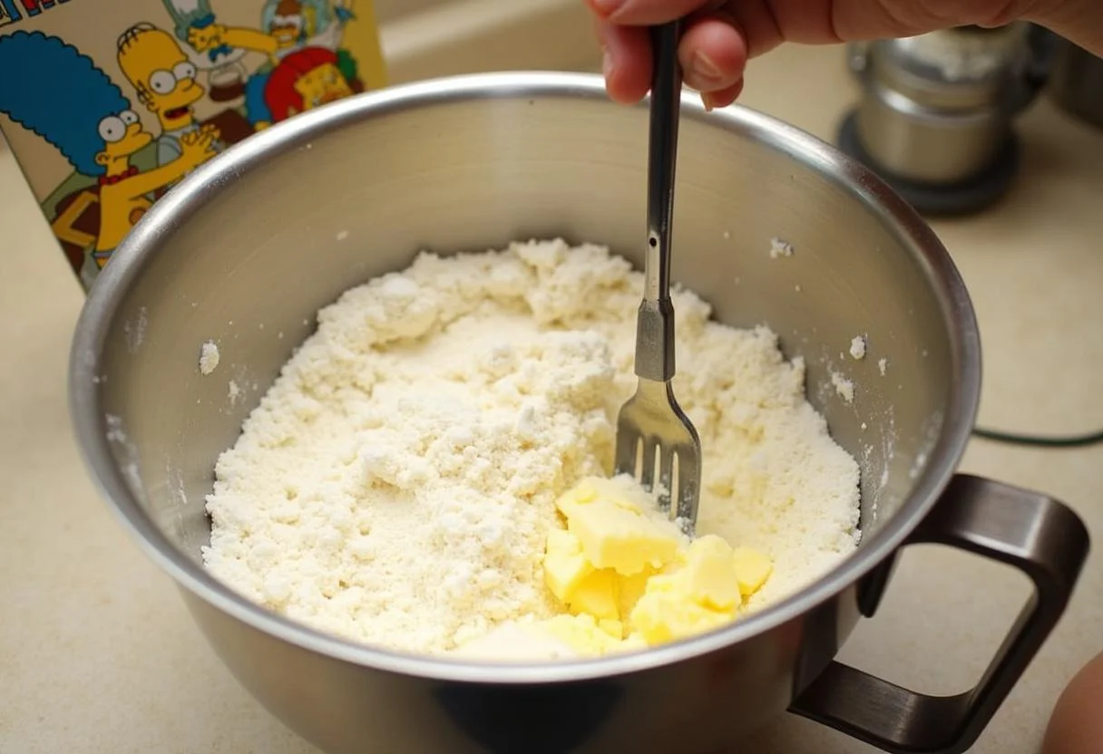Ingredients for Marge's Blue-Haired Berry Pie being mixed, showcasing a classic kitchen vibe and a touch of The Simpsons nostalgia.