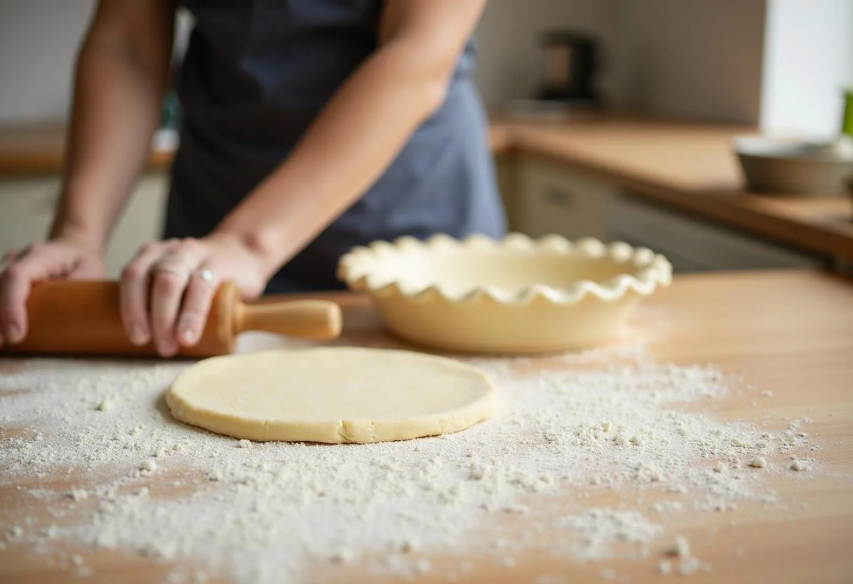 Rolling out pie dough for Marge's Blue-Haired Berry Pie, emphasizing a traditional baking process in a welcoming kitchen environment.
