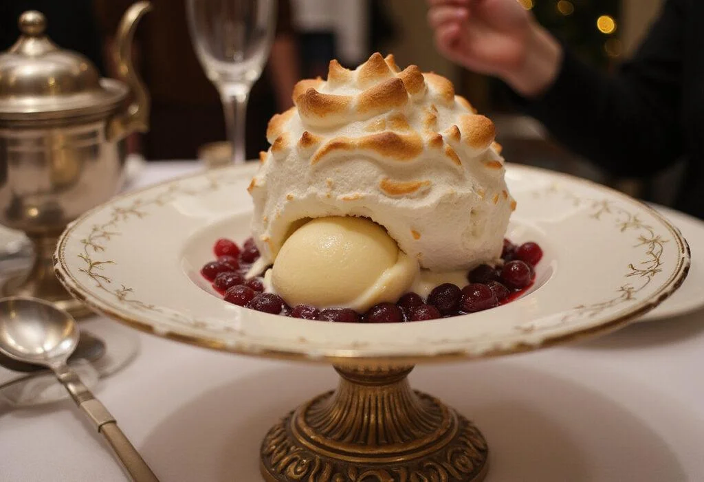 Final presentation of The Simpsons Mr. Burns' Excellent Baked Alaska showcasing the perfectly browned meringue.