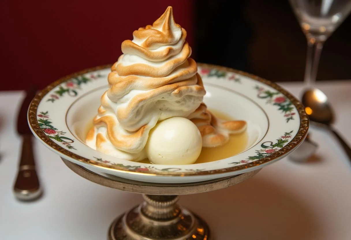 Final presentation of The Simpsons Mr. Burns' Excellent Baked Alaska showcasing the perfectly browned meringue.