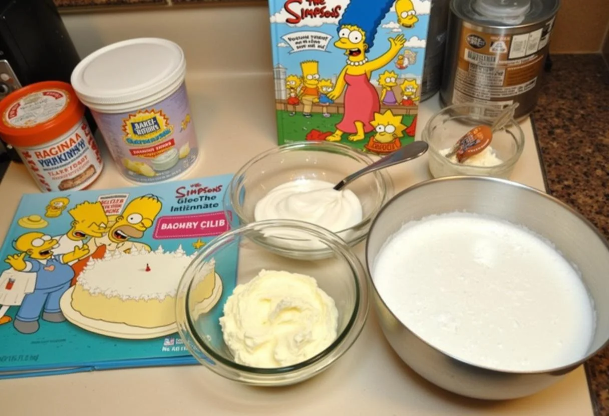 The Simpsons Mr. Burns' Excellent Baked Alaska preparation with colorful ingredients and a cookbook.