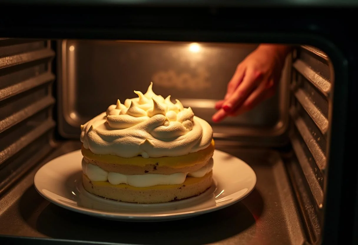 Baking The Simpsons Mr. Burns' Excellent Baked Alaska in a warm kitchen, showcasing golden meringue.
