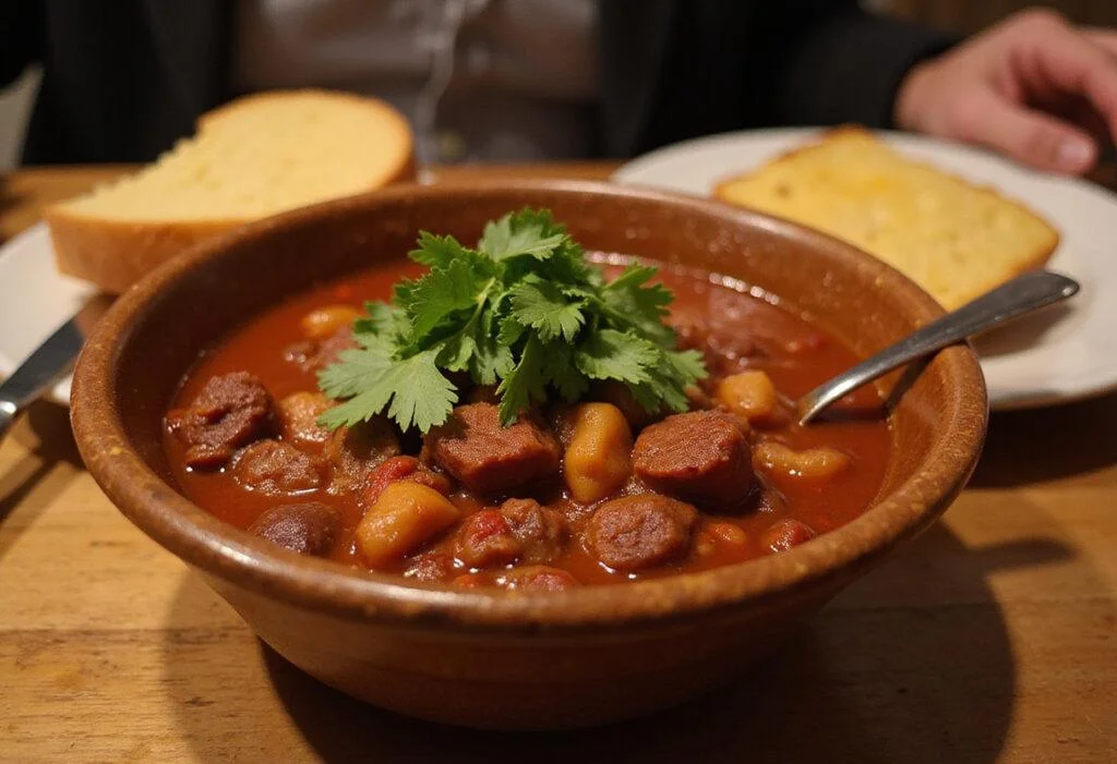 Delicious Ned Flanders' Holy Smokes Chili served in a rustic bowl with cornbread on the side, creating a comforting dining experience.