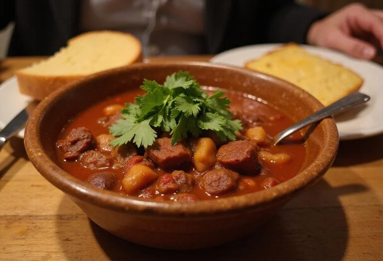Delicious Ned Flanders' Holy Smokes Chili served in a rustic bowl with cornbread on the side, creating a comforting dining experience.