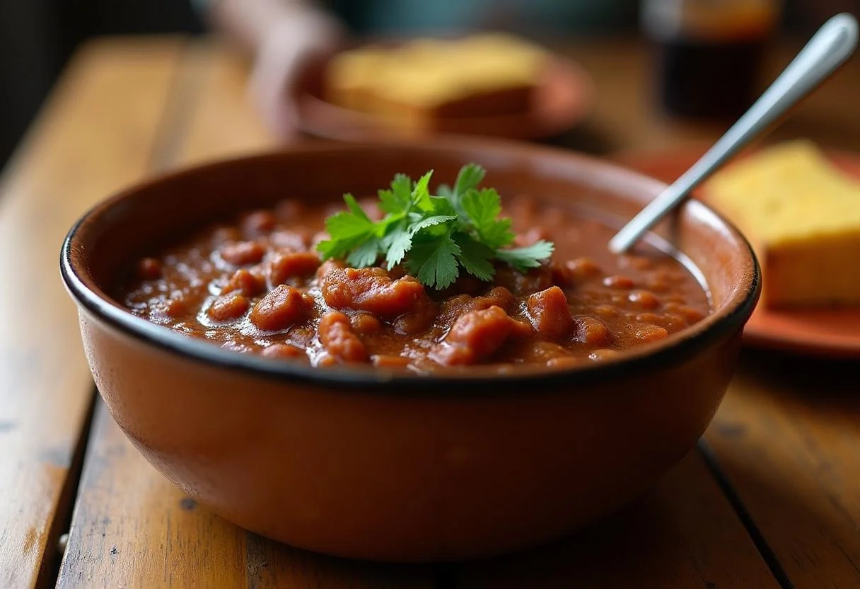 Delicious Ned Flanders' Holy Smokes Chili served in a rustic bowl with cornbread on the side, creating a comforting dining experience.