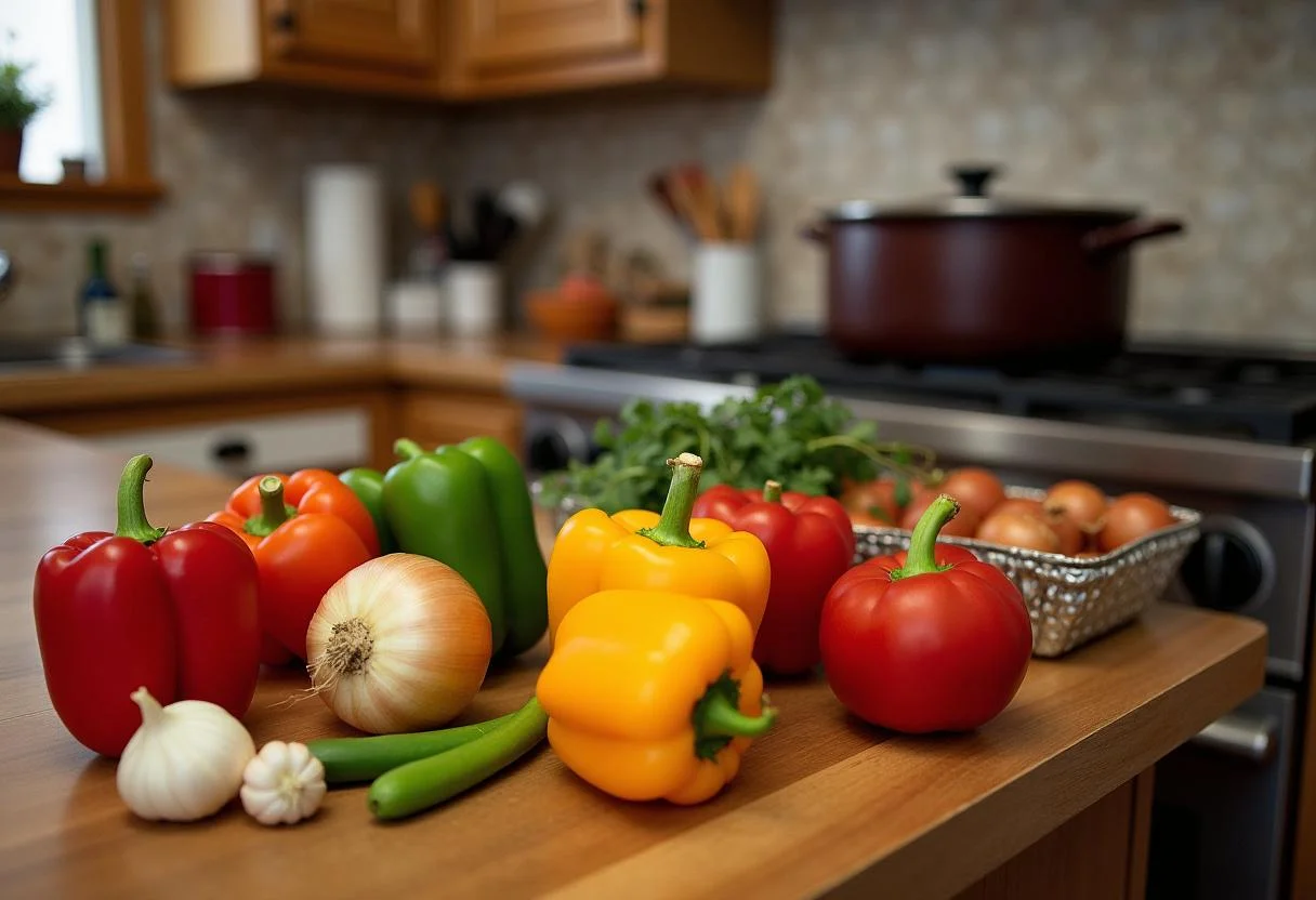 Fresh ingredients for The Simpsons Ned Flanders' Holy Smokes Chili including bell peppers, onions, garlic and tomatoes in a warm kitchen.