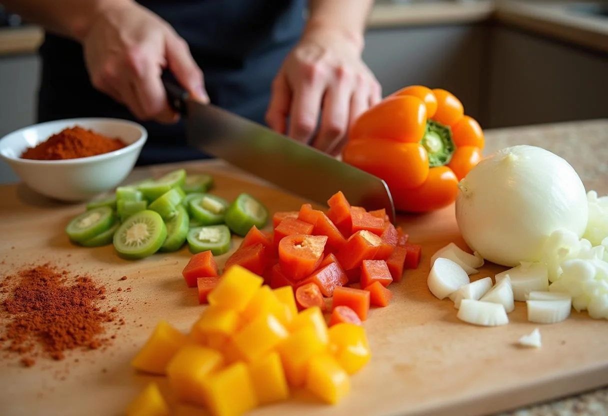 Chopped vegetables for Ned Flanders' Holy Smokes Chili on a cutting board with spices ready for the cooking process.
