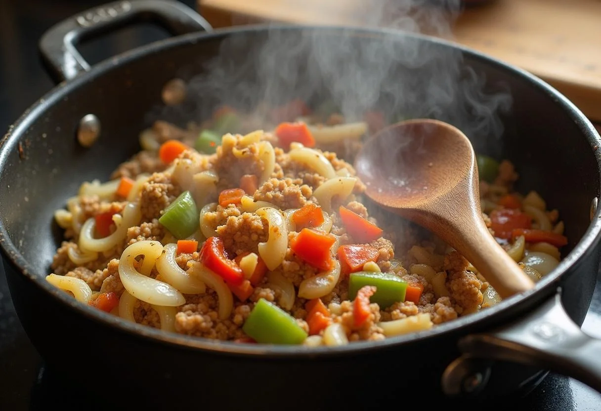 Cooking ground meat and vegetables in a pot for The Simpsons Ned Flanders' Holy Smokes Chili, with steam and a wooden spoon in a cozy kitchen.