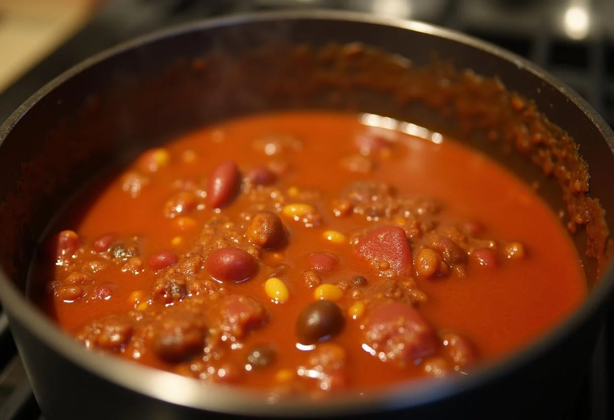 Hearty chili simmering in a pot for Ned Flanders' Holy Smokes Chili, showcasing colorful ingredients and rich texture.