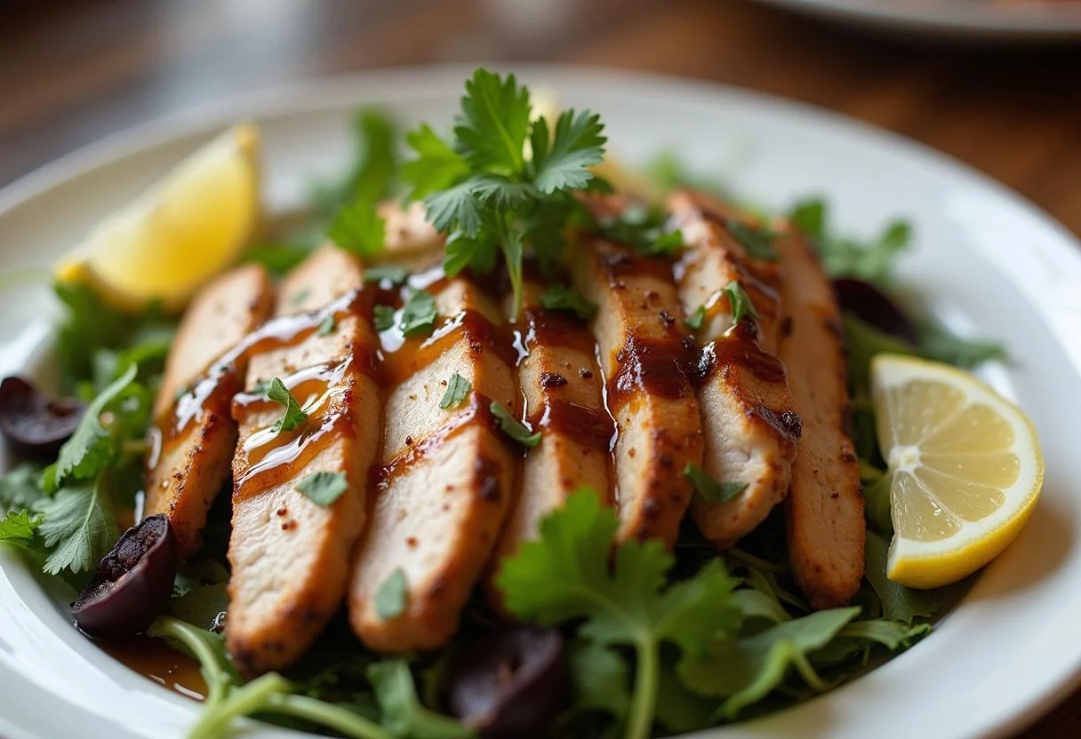 Sliced tandoori chicken atop a colorful salad for The Sky Is Pink Priyanka Chopra Jonas's Tandoori Chicken Salad, beautifully presented.