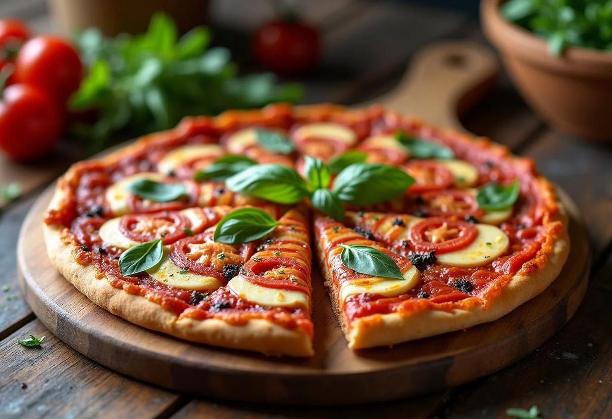 The final masterpiece, The Spider-Man Zendaya's Web-Slinging Veggie Pizza, perfectly baked and ready to be enjoyed with fresh basil garnish.