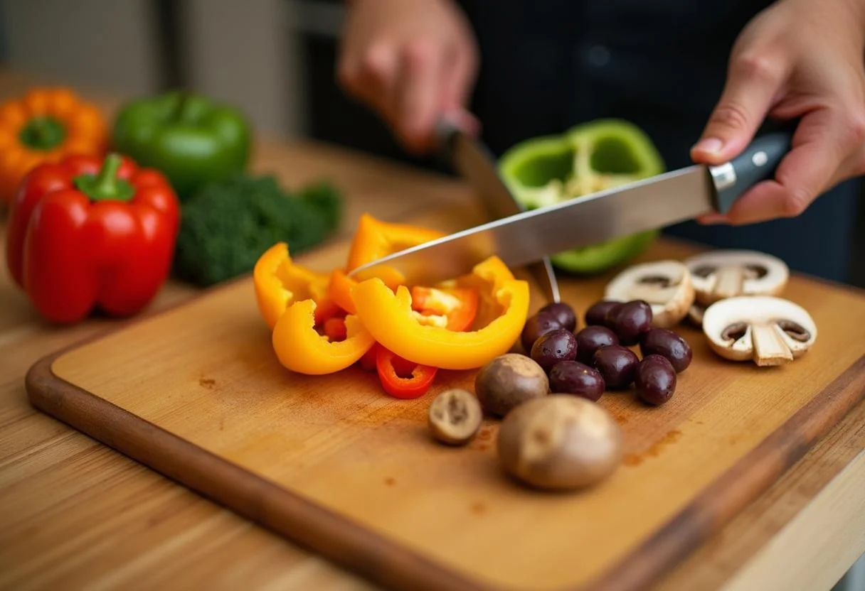 Chopping fresh veggies for The Spider-Man Zendaya's Web-Slinging Veggie Pizza, including bell peppers, mushrooms, and olives for a vibrant topping.