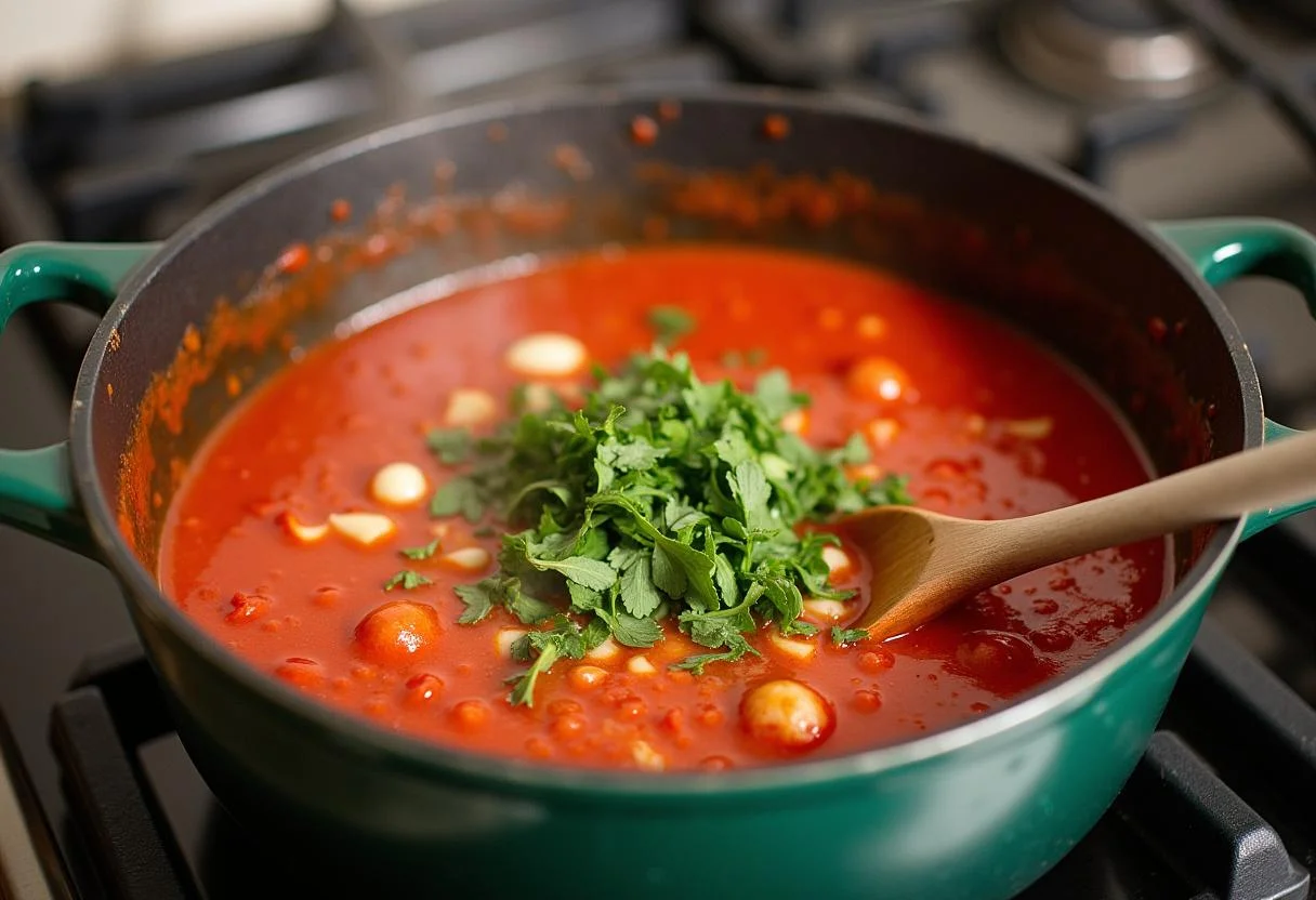 Simmering homemade tomato sauce for The Spider-Man Zendaya's Web-Slinging Veggie Pizza, enriched with fresh herbs, garlic, and onions.