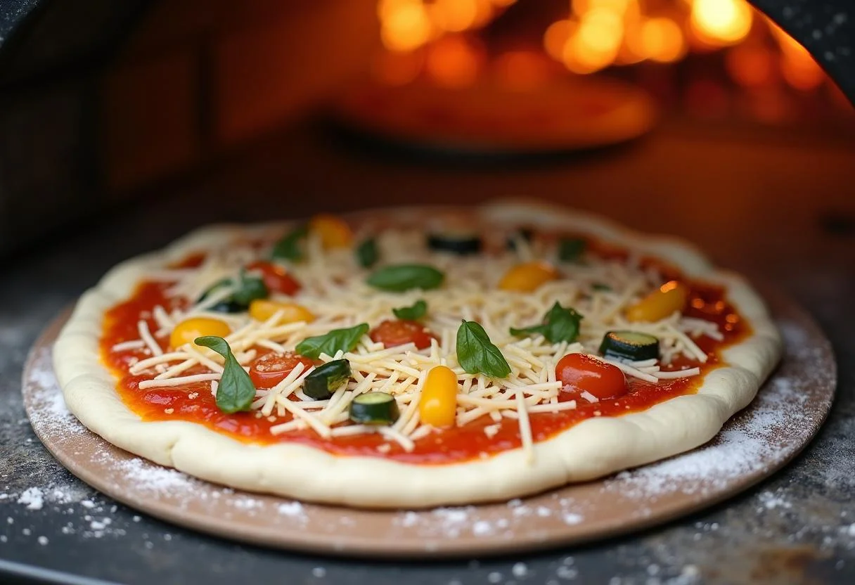 Assembling The Spider-Man Zendaya's Web-Slinging Veggie Pizza with fresh sauce, cheese, and colorful veggies just before baking.