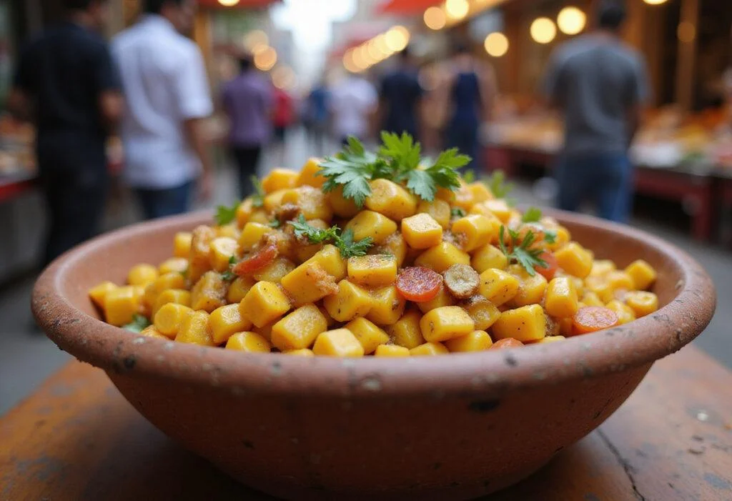Final presentation of The White Tiger Priyanka Chopra Jonas's Indian Street Corn Chaat, highlighting the beautiful textures and ingredients.