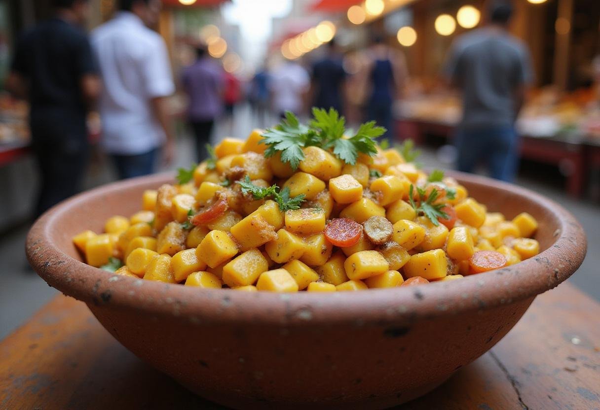 Final presentation of The White Tiger Priyanka Chopra Jonas's Indian Street Corn Chaat, highlighting the beautiful textures and ingredients.