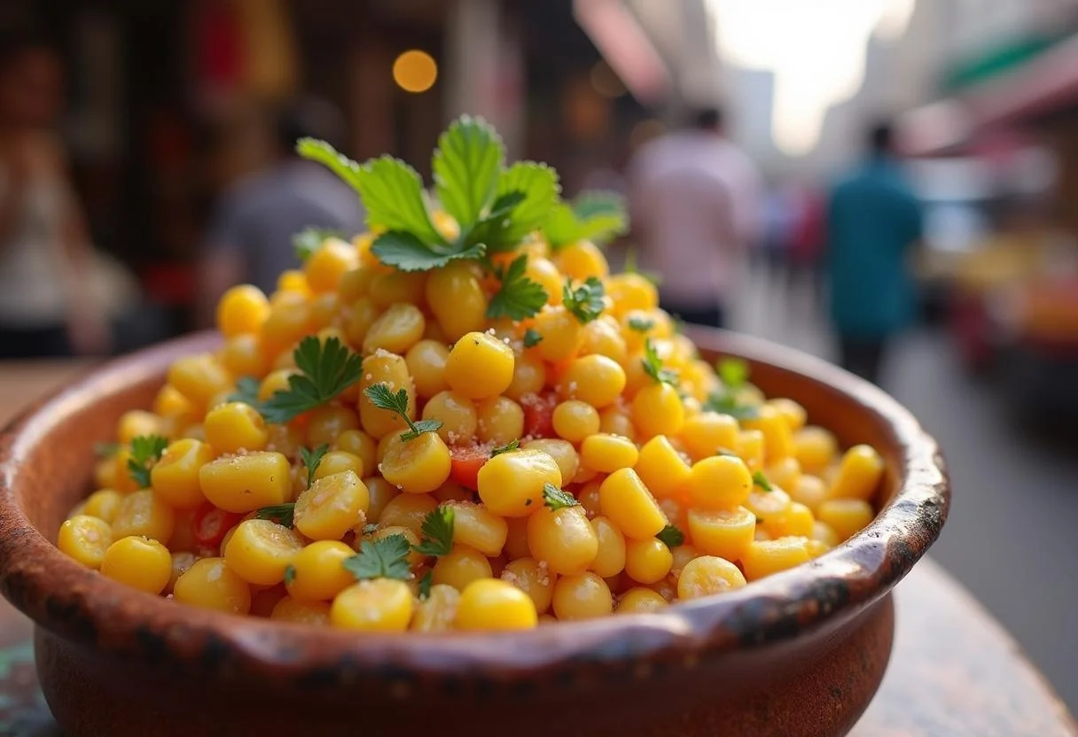 Final presentation of The White Tiger Priyanka Chopra Jonas's Indian Street Corn Chaat, highlighting the beautiful textures and ingredients.