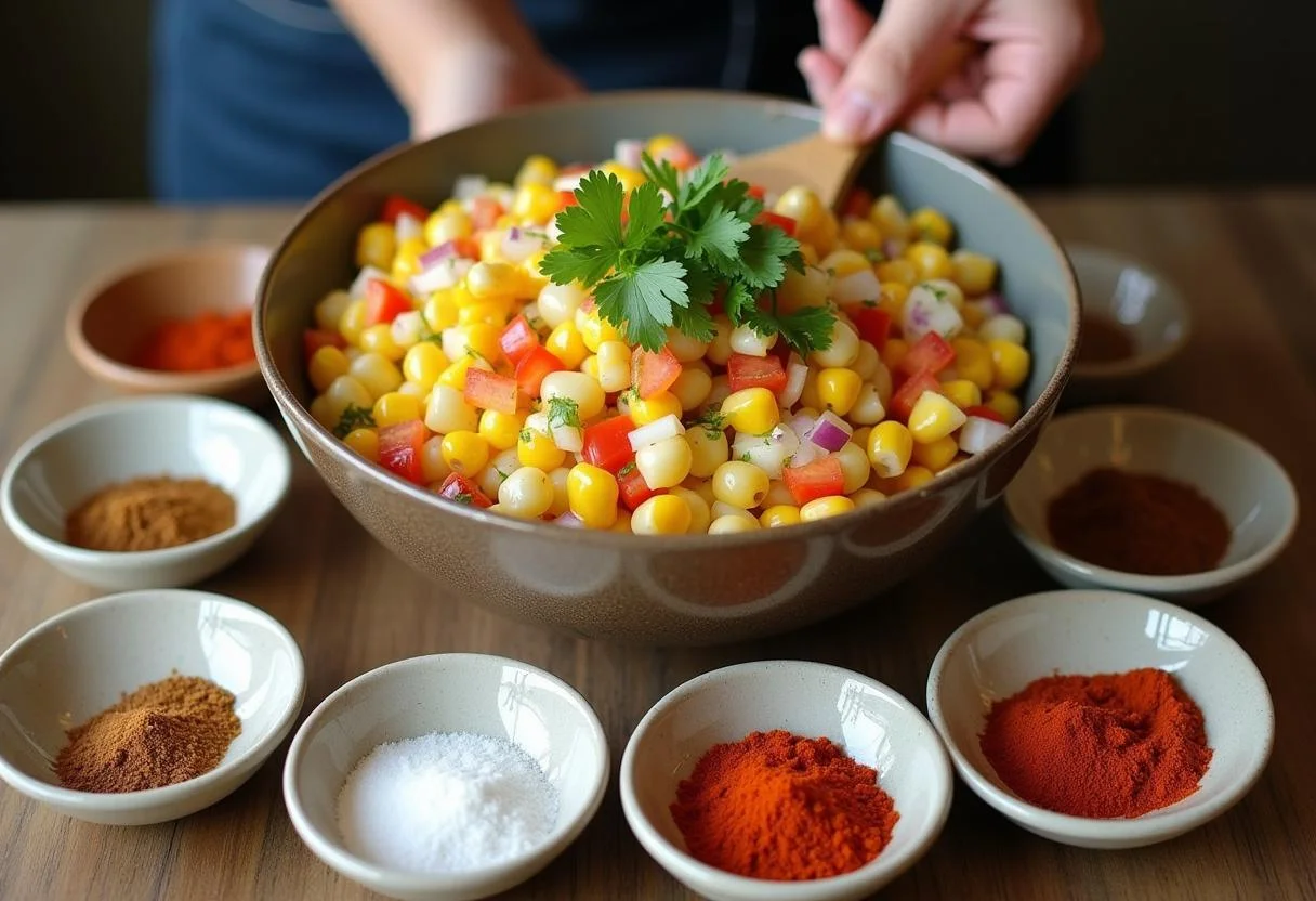 Mixing boiled corn with colorful fresh vegetables and spices for The White Tiger Priyanka Chopra Jonas's Indian Street Corn Chaat.