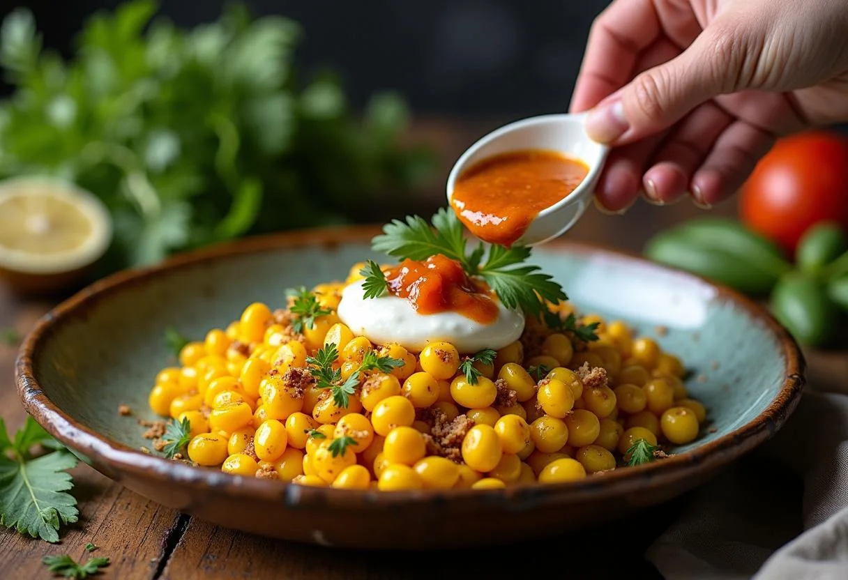 Adding chutney and yogurt to enhance flavor in The White Tiger Priyanka Chopra Jonas's Indian Street Corn Chaat preparation.