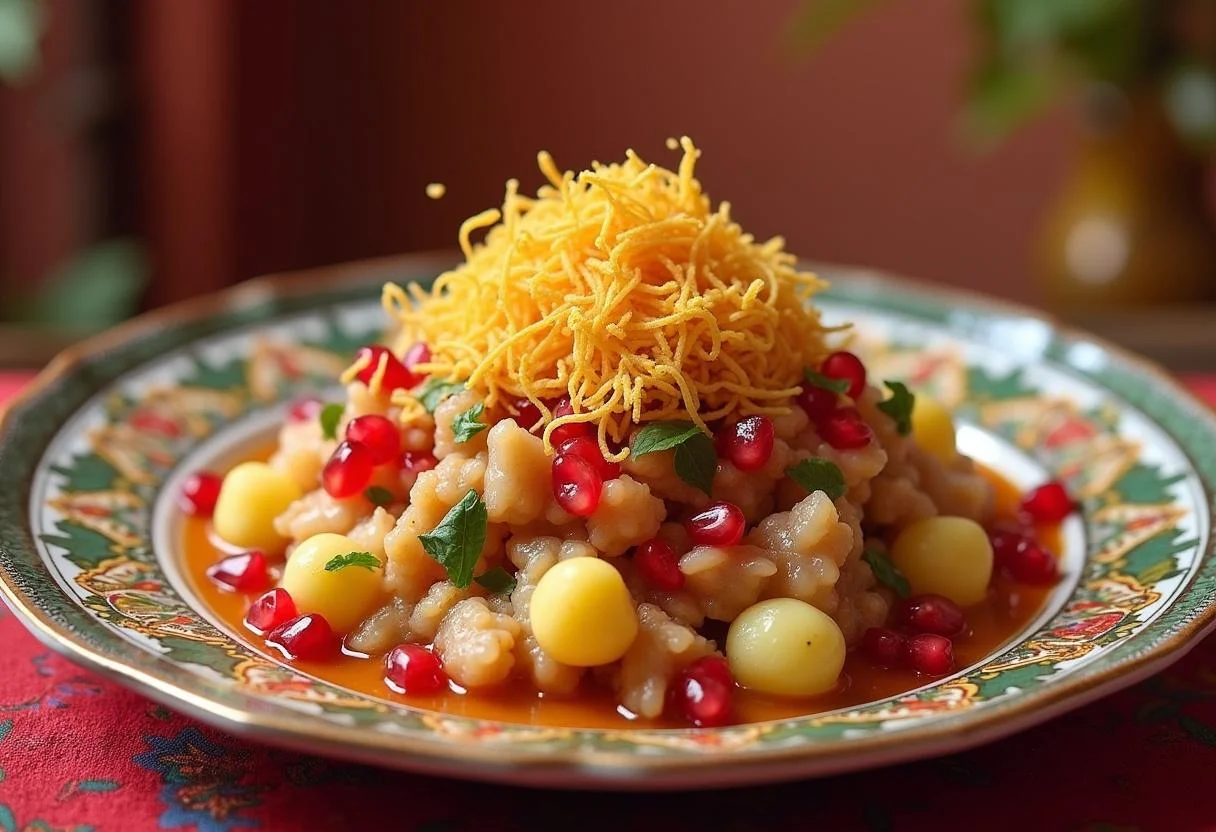Serving a delicious plate of The White Tiger Priyanka Chopra Jonas's Indian Street Corn Chaat, garnished with sev and pomegranate.