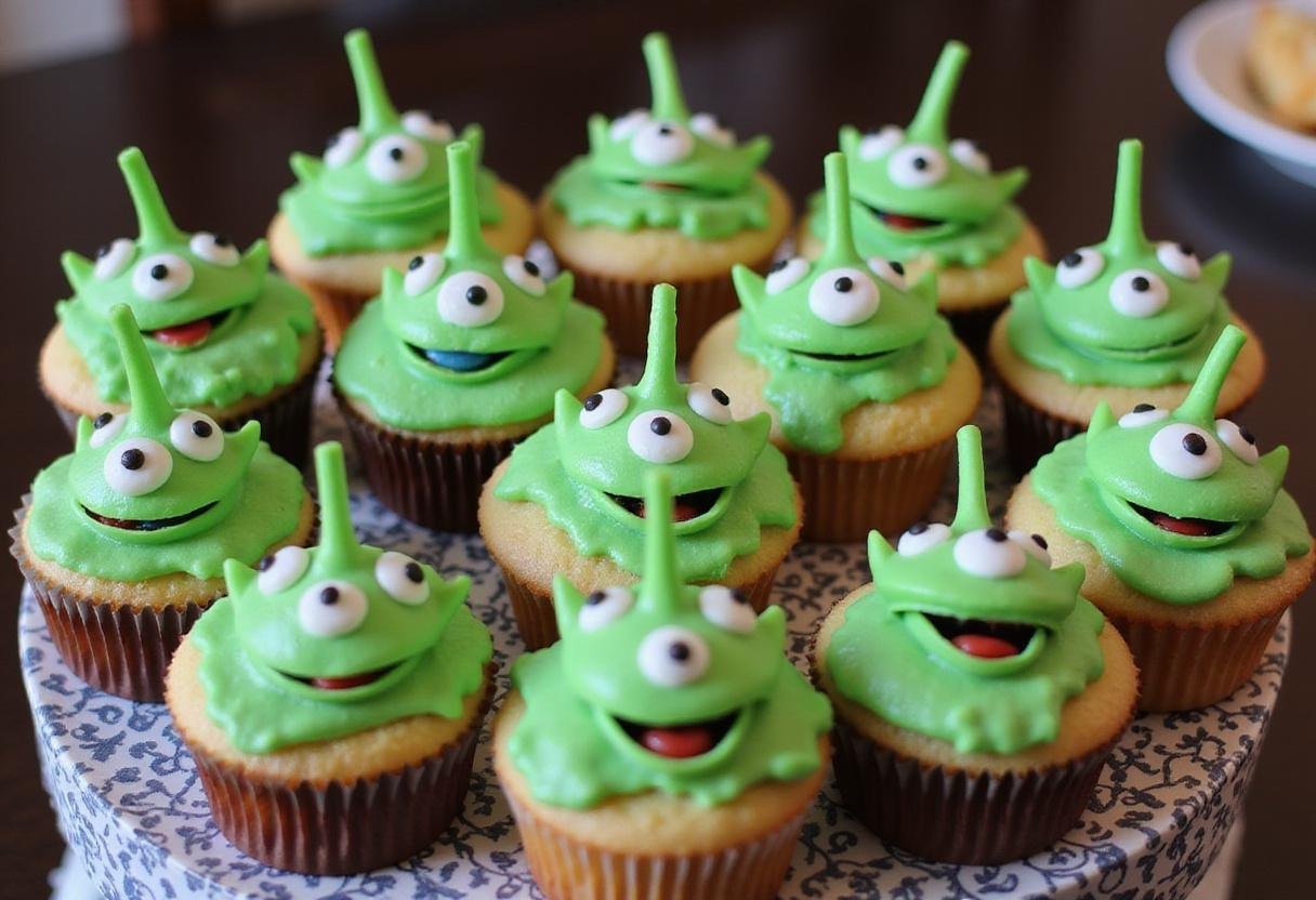 Final presentation of Toy Story Green Alien Claw Cupcakes, featuring vibrant decorations and festive colors perfect for any celebration.